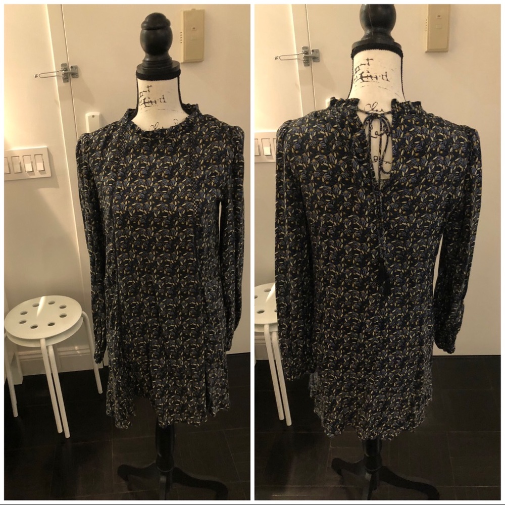 Zara Blue Print Boho Dress w tie-back. Size Small